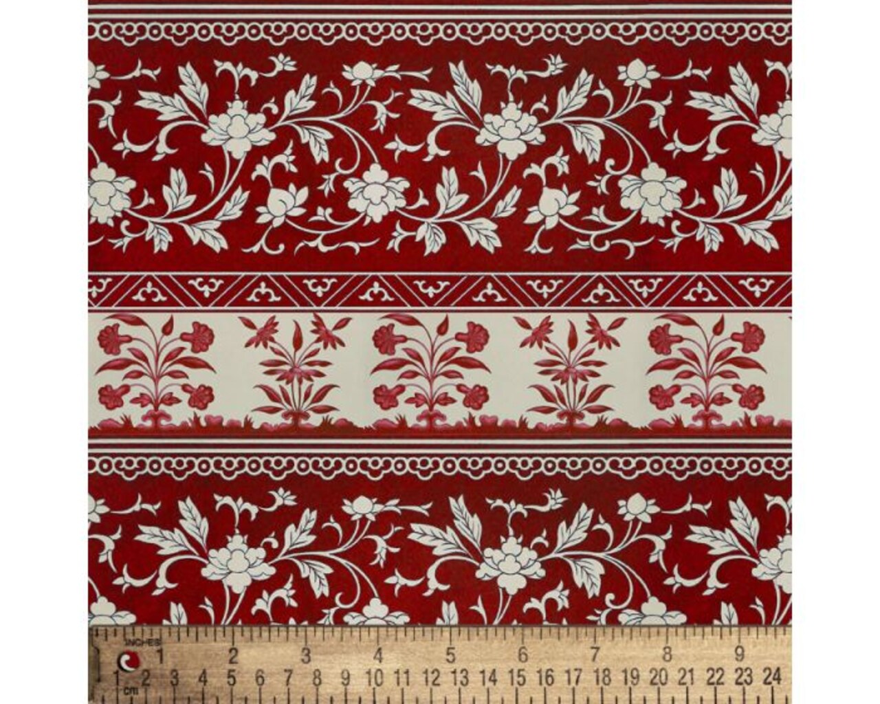Floral Motif Stripe Red Cotton Fabric | By the Yard | Sewing and Crafting | 44 inches wide